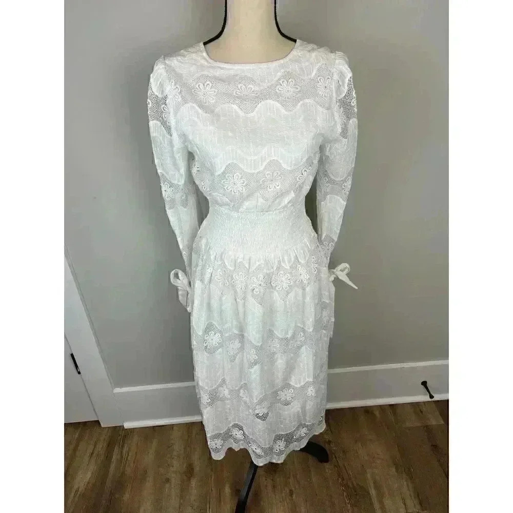 Burryco Midi Dress White Lace Bow Detail Coquette Sheer Women's Sz Small NWT